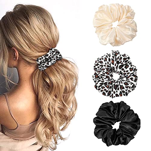 Scrunchies Hair Ties Silk Satin Scrunchy - Hair Elastics Bands Ponytail Holder Pack of Neutral Scrubchy Hair Accessories for Women Girls - color: Leopard Black