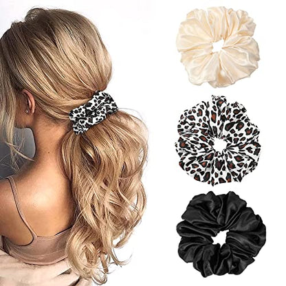 Scrunchies Hair Ties Silk Satin Scrunchy - Hair Elastics Bands Ponytail Holder Pack of Neutral Scrubchy Hair Accessories for Women Girls - color: Leopard Black