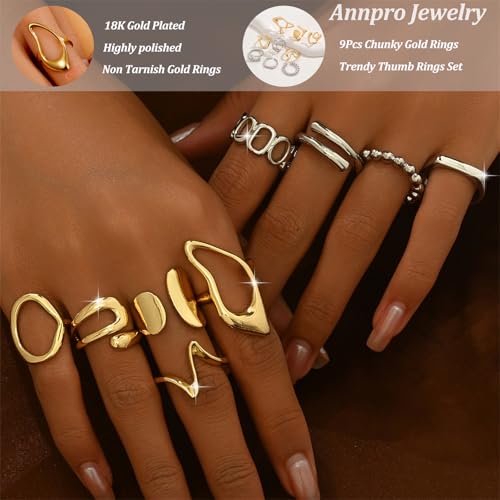 Chunky Stackable Rings Set for Women Non Tarnish Adjustable Open Stacking Knuckle Ring Chunky Joint Finger Midi Rings Pack Dainty Simple Statement Jewelry - style: C-9pcs