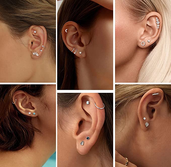 38Pcs Stainless Steel Earrings Set for Women Men 14K Gold Plated Small Flat Back Stud Earrings Hoop Earrings Women Men Hypoallergenic Cubic Zirconia Earrings Cartilage Earrings Rook Daith Tragues Lobe Conch Septum Piercing Jewelry - color: B:Silver