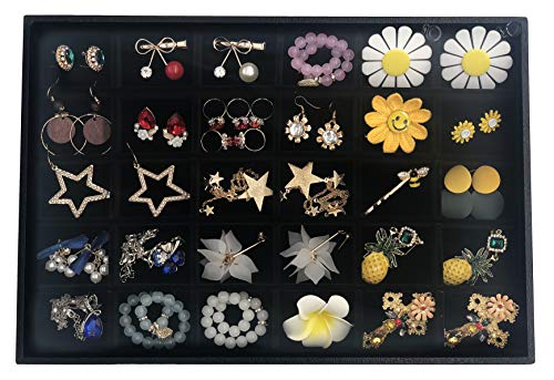 Stratalife 30 Grid Velvet Jewelry Organizer Tray, 13.8" x 9.4" x 1.2" | Stackable Drawer Earring Organizer with Adjustable Dividers, Jewelry Display Tray for Necklace Earring Ring Bracelet, Black - color: Black, size: 30