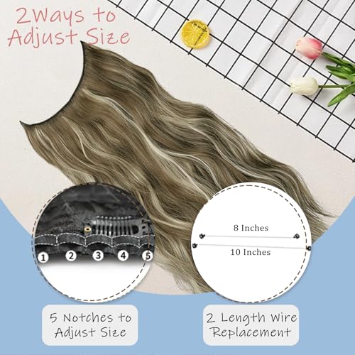 Medium Brown Halo Hair Extensions with Ash Blonde Highlights | 20 Inch Wavy Synthetic Fiber with Invisible Wire and 4 Secure Clips for Easy Daily Styling and Party Wear - color: Ash Medium Brown Highlights