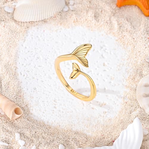 925 Sterling Silver Adjustable Rings for Women 14K Gold Plated Thumb Rings | Stackable Statement Eternity Rings Dainty Starfish Star Moon Heart Lucky Open Ring Trendy Jewelry Birthday Gifts for Ladies - color: Gold Fish Tail Ring