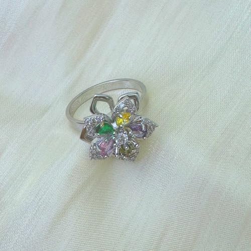 Sunflower Fidget Ring for Women Gold Anxiety Crystal Rings Cubic Zirconia Sunflower Open Adjustable Fidget Ring Spinner Sun Ring for Men Trendy Jewelry - color: Silver Colorful