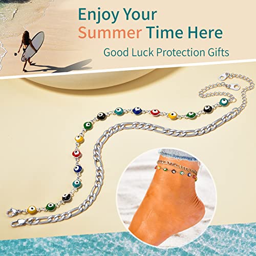Supcare Evil Eye Anklets for Women,Cuban/Figaro/Mariner/Snake Chain Layered Ankle Bracelet Gifts (with Gift Packing) - color: 02-layered curb steel
