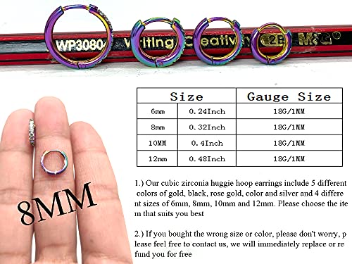 Hypoallergenic Unisex Surgical Steel Small Cubic Zirconia Huggie Hoop Earring, Color Gold - Silver - Rose Gold - Black - Rainbow, Size 6mm- 12mm Safe for Sensitive Ear - style: A0002 : 8MM Rainbow Hoops(2mm thickness)