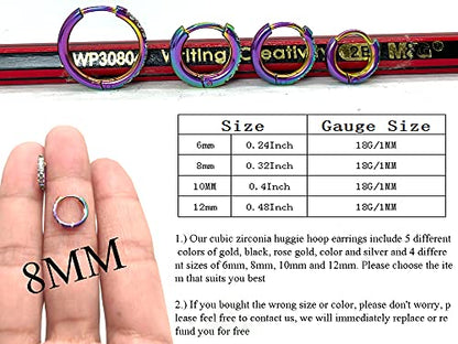Hypoallergenic Unisex Surgical Steel Small Cubic Zirconia Huggie Hoop Earring, Color Gold - Silver - Rose Gold - Black - Rainbow, Size 6mm- 12mm Safe for Sensitive Ear - style: A0002 : 8MM Rainbow Hoops(2mm thickness)