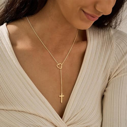 Lariat Necklace for Women, Dainty 14K Gold/Silver Plated Long Necklaces for Women Trendy Simple Layered Y-Shaped Pendant Necklace Adjustable Fashion Jewelry Gift - color: Gold, style: Heart Cross Pendant