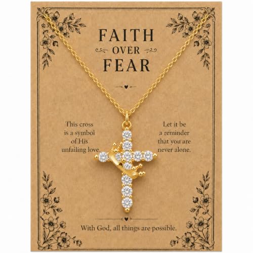Cross Necklace for Women, Gold Plated Round Pendant with Cubic Zirconia - color: Gold