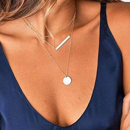Turandoss Dainty Layered Choker Necklace, Handmade Y Pendant Necklace Multilayer Bar Disc Necklace Adjustable Layering Choker Necklaces for Women - style: 3PCS - Chain&Bar&Hammered Disc