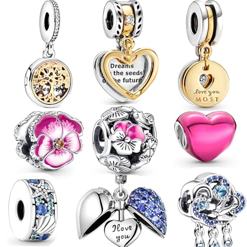 9 Pack Silver Spacer Beads Charms fit Bracelet, Heart Beads DIY Jewelry Gifts Women - color: D6