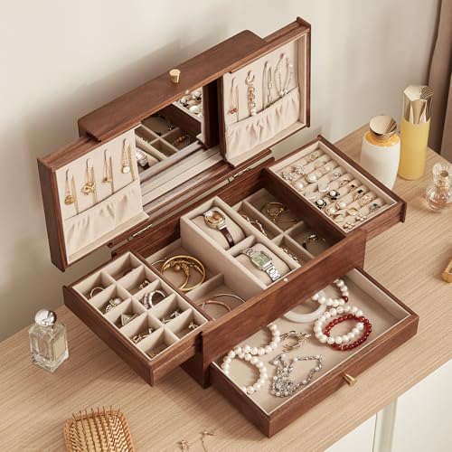 Walnut Wooden Jewelry Box for Women, with Mirror, 3 Layer | Large Multi-functional Drawers Jewelry Organizer, Watch Storage, Necklace Ring Earring Storage, Gift for Her - color: Brown, size: 3 Layer(7.9"D x 11.8"W x 6.5"H)