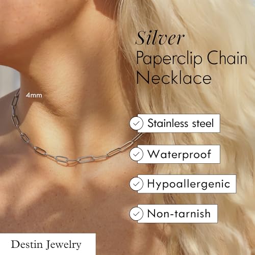 DESTIN Jewelry 18K Gold Plated Paperclip Chain Necklace, 2.5-6.5mm | Waterproof, hypoallergenic and tarnish-resistant adjustable stainless steel layering chain for women. - color: Stainless Steel, size: 30" + 2", style: 2.5 MM