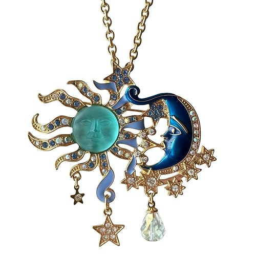 Vintage Exaggerated Sun God Face Pendant Necklace Lake Blue Crystal with Moon Star Details, Retro Metal Craft Jewelry for Women, Elegant for Daily Wear Special Occasions