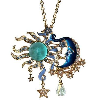 Vintage Exaggerated Sun God Face Pendant Necklace Lake Blue Crystal with Moon Star Details, Retro Metal Craft Jewelry for Women, Elegant for Daily Wear Special Occasions