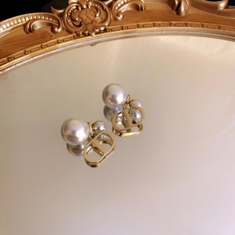 Pearl Stud Earrings, Gold Plated, Faux Pearl with Crystal Accents, Dangle Style, High Polish Finish, 2.5 Inch, 1 Pair