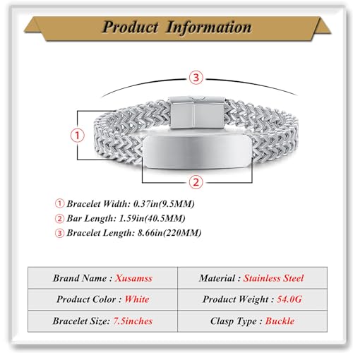 Xusamss Mens Cuban Link Bracelet Stainless Steel Double Layer Chain Jewelry Heavy Blank Bar Design Link Bracelet for Men - color: White