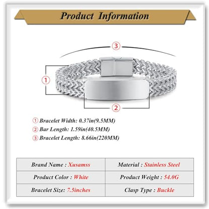 Xusamss Mens Cuban Link Bracelet Stainless Steel Double Layer Chain Jewelry Heavy Blank Bar Design Link Bracelet for Men - color: White