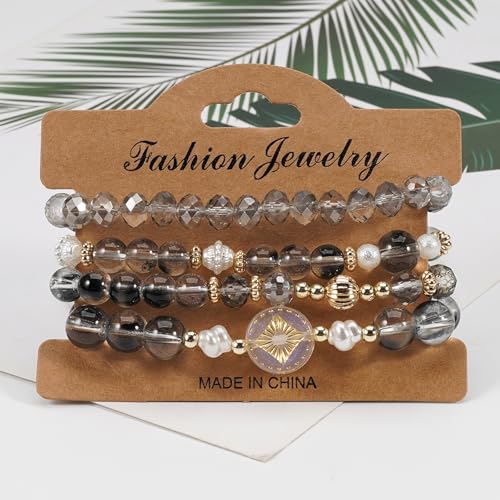 Boho Beaded Bracelet Set for Women - 4 Pcs Multilayer Stackable Crystal Glass Bead Bracelets with Faux Pearl Elastic Stretch Fashion Jewelry for Daily Wear, Beach, Party & Gifts - color: Black