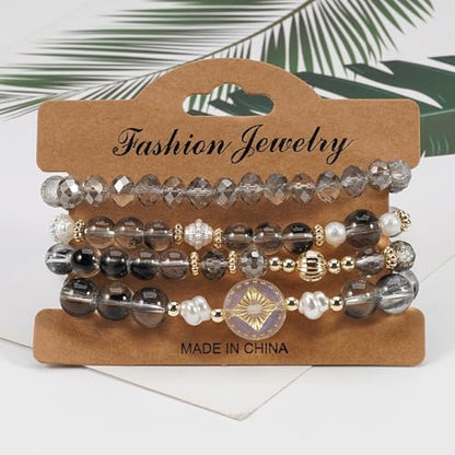 Boho Beaded Bracelet Set for Women - 4 Pcs Multilayer Stackable Crystal Glass Bead Bracelets with Faux Pearl Elastic Stretch Fashion Jewelry for Daily Wear, Beach, Party & Gifts - color: Black