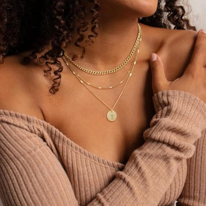 Initial Necklaces for Women Trendy, 14K Gold Plated Letter Necklace Stack Round Coin Disc Pendant Layered Choker Cuban Chain A-Z Gold Necklace Personalized Jewelry Gift Sets for Women - color: J