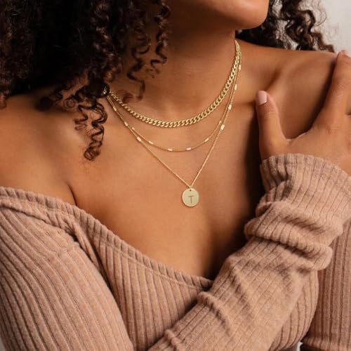 Initial Necklaces for Women Trendy, 14K Gold Plated Letter Necklace Stack Round Coin Disc Pendant Layered Choker Cuban Chain A-Z Gold Necklace Personalized Jewelry Gift Sets for Women - color: V