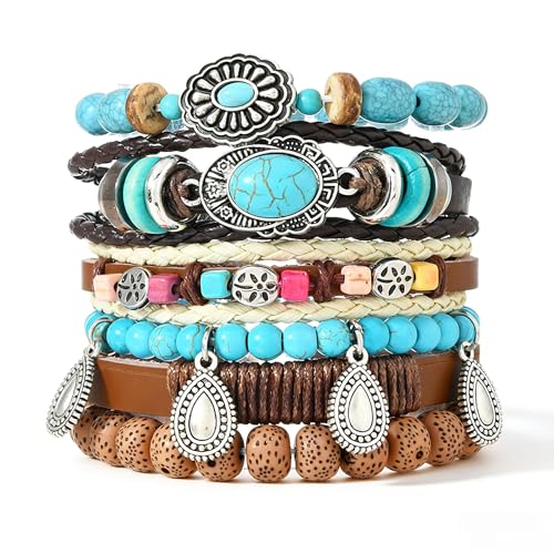 Western Outfits for Women Turquoise Western Bracelets Bohemian Vintage Stackable Beaded Leather Bracelets Adjustable Hand-woven Layered Bracelet Western Country Concert Jewelry for Women - style: Turquoise Teardrop