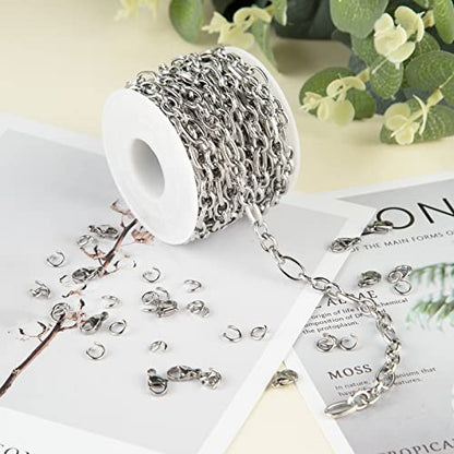 UMAOKANG Silver Stainless Steel Embossed Cable Chains for Jewelry Making | 16.4 Feet Thick Oval Link Chains Bulk Heavy Men Hip-pop Necklace DIY Chain with Jump Rings Lobster Clasps - color: Silver Embossed Rolo