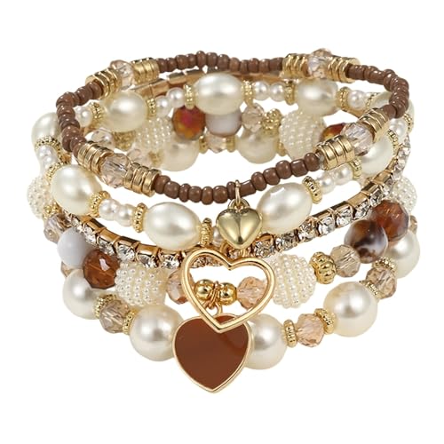 Bohemian Multilayered Faux Pearl Beaded Heart Pendant Crystal Zircon Stackable Multicolor Bracelets Set for Women Handmade Friendship Summer Beach Stretch Bangle Jewelry - color: brown