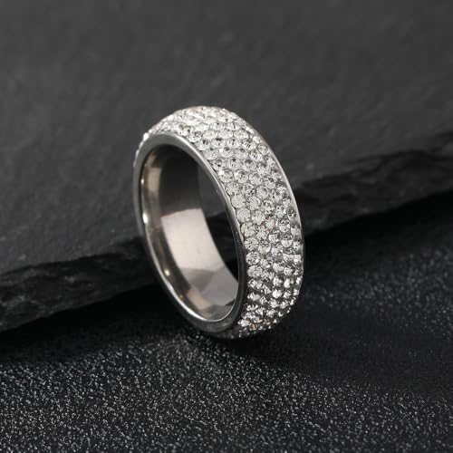 Exquisite Sparkling Five Row Zircon Stainless Steel Engagement Wedding Ring | Colorfast Couple Rings, Sparkly Party Jewelry, Light Luxury Gift Rings, Wide Band Paved Diamond Women's Ring, Wedding Commemo - color: silver-2, size: 11