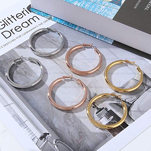 sovesi Chunky Hoop Earrings for Women, 14K Gold Plated Thick Hoops | 5mm Thick Hollow Tube Chunky Lightweight Hypoallergenic Hoop Earrings for Women - style: Rose Gold 40MM