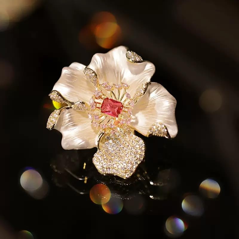 Luxury Camellia Flower Brooch, Sparkling Crystal & Rhinestone Pin with Teardrop Pendant for Women, Elegant Statement Jewelry for Wedding, Party, or Daily Wear - style: Victorian
