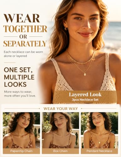 YEEZII Layered Gold Necklaces for Women Trendy, 3 Pcs 14K Gold Plated Choker Paperclip Box Chain Necklace, Stackable Women's Gold Pendant Necklaces Jewelry Set - color: Gold-3 Pcs-square pendant