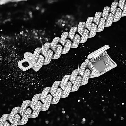 Mens Cuban Link Chain Iced Out Miami Cuban Necklace/Bracelet |14mm Silver & Gold Plated Chains | Bling Diamond Hip Hop Jewelry For Men Women - color: Silver, size: 8 inches