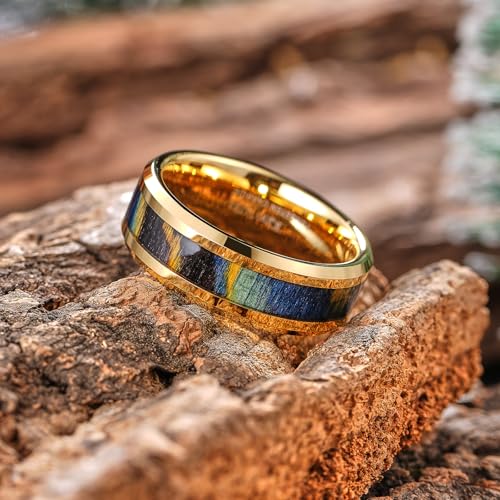 King Will Tungsten Wedding Band Wood Inlay for Men Black Beveled Edge | Black, 8mm, Beveled Edge, Comfort Fit, Wood inlay, Promise Gift - color: Colorful Wood Chips-Gold