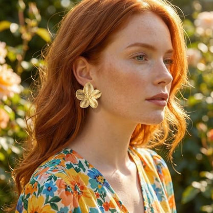Chunky Gold Plated Flower Statement Drop Earrings for Women | Hypoallergenic 18K Gold Plated Textured Petal Wing, Large Statement Dangle Earrings for Wedding Party - color: Gold flower-A