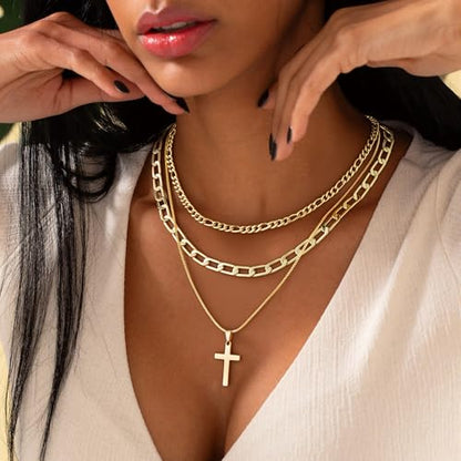 M MOOHAM Cross Necklace for Women Non Tarnish - 14K Gold Plated Dainty Clover Cross Layered Necklaces Stack Set Herringbone Figaro Paperclip Chain Necklace Trendy Religious Baptism Faith Jewelry Gifts - color: cross-figaro paperclip box chain