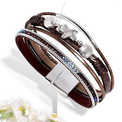 VIBILIA Boho Leather Wrap Bracelets for Women Multi-Layer Bracelets | With Strong Clasp Jewelry for Women - color: 04-ShellStarfish-Coffee