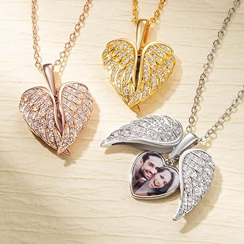 AILIN Personalized Angel Wing Locket Necklace Sterling Silver 925/Brass Custom CZ Heart Picture Locket Necklace For Her Guardian Angel Family Photo Pendant For Women Valentine Mother Birthday Gifts