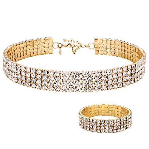 Zealmer 18K Yellow Gold Plated 1-5 Rows Rhinestone Choker Necklace & Stretch Bracelets Set Wedding Jewelry - style: 4 Row
