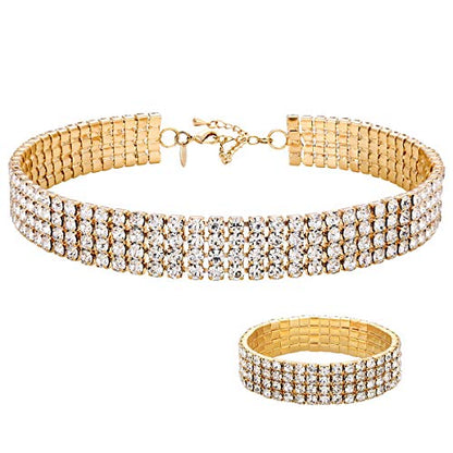 Zealmer 18K Yellow Gold Plated 1-5 Rows Rhinestone Choker Necklace & Stretch Bracelets Set Wedding Jewelry - style: 4 Row