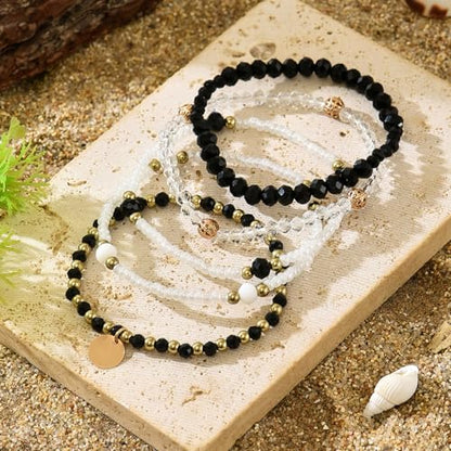 Bohemian Handmade Crystal Seed Beads Disc Pendant Colorful Multilayered Elastic Bracelets Stackable Stretch Strand Bangles Friendship Summer Beach Jewelry for Women - color: black