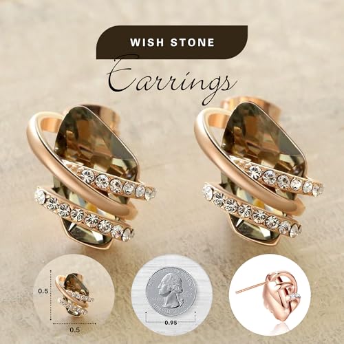 Gifts for Women, Wish Stone Stud Earrings with Birthstone Crystals, 18K Rose Gold Plated or Silver-tone - color: 112-Silver Black Crystal-Rose Gold Plated