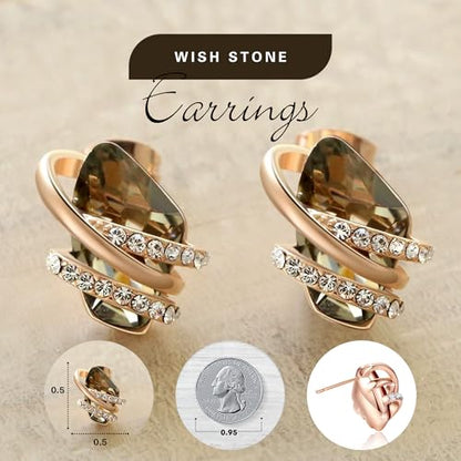Gifts for Women, Wish Stone Stud Earrings with Birthstone Crystals, 18K Rose Gold Plated or Silver-tone - color: 112-Silver Black Crystal-Rose Gold Plated