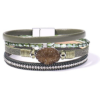 Boho Chunky Leather Wrap Bracelets Stackable Beaded Western Country Jewelry | Crystal Bead Trendy Layered Cuff Magnetic Clasp Stack Bohemian Statement Costume Outfits Cowgirl Fashion Hippie Accessories - color: Green, size: 7.7"
