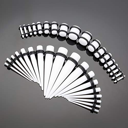 50-Piece Ear Gauges Stretching Kit, 14G-00G | Acrylic tapers and plugs with soft silicone tunnels, body piercing jewelry for women and men - color: White