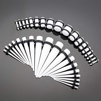 50-Piece Ear Gauges Stretching Kit, 14G-00G | Acrylic tapers and plugs with soft silicone tunnels, body piercing jewelry for women and men - color: White