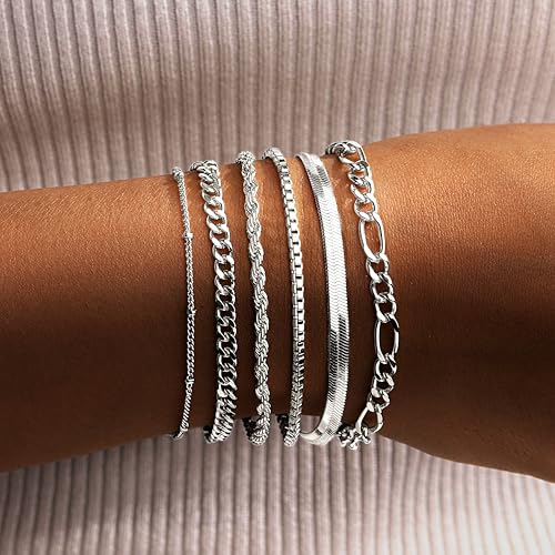 Gold Chunky Stack Bracelets for Women Non Tarnish, 14K Gold Plated Bracelets Set for Women Stackable, Waterproof Layered Trendy Dainty Cuff Cuban Link Chain Paperclip Bracelet Pack for Jewelry Gifts