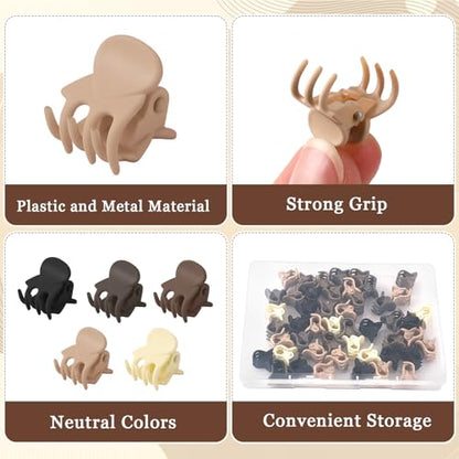 JANYUN 48Pcs Matte Small Mini Hair Claw Clips,Tiny Claw for Girls Women | Neutral Color Small Hair Clips, Non-Slip, Tiny Plastic Strong Grip Multifunction, Accessories Hairstyle Birthday Gifts - color: Matte