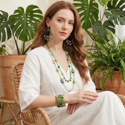 Bocar Bohemian Handmade Beaded Jewelry Set for Women 3 Pcs Layered Necklace Hoop Earrings Wrap Bracelet Set Boho Summer Vacation Jewelry Gift (NK-10834) - color: Green